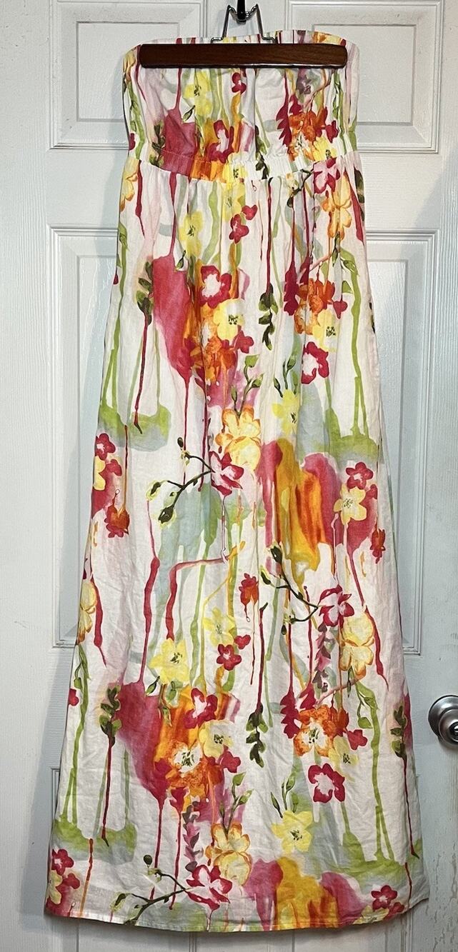 Old Navy Linen Blend Maxi Dress Watercolor Floral Strapless Artsy Medium Lined